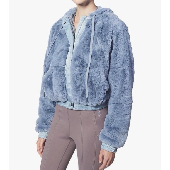 Free People Jackets & Blazers - Free People Movement Love It Jacket Hooded Crop Faux Fur Blue Large